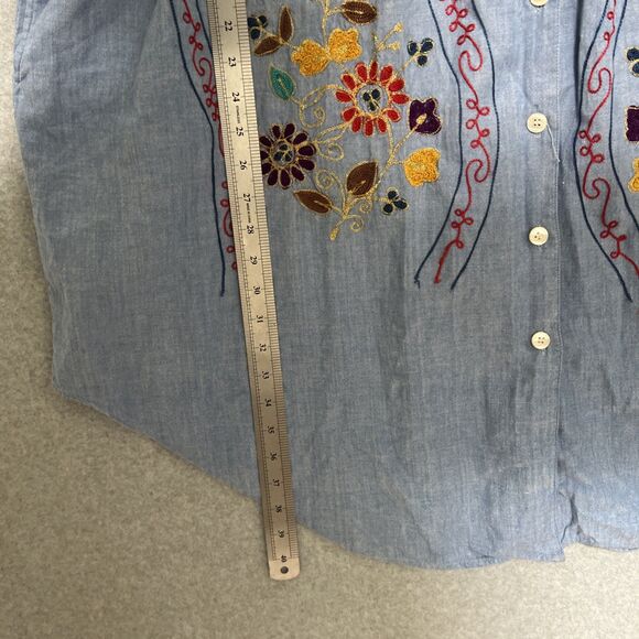 Go Softly Shirt Dress Size 2X Blue Chambray Denim Embroidered Artsy Porch House - Picture 6 of 11